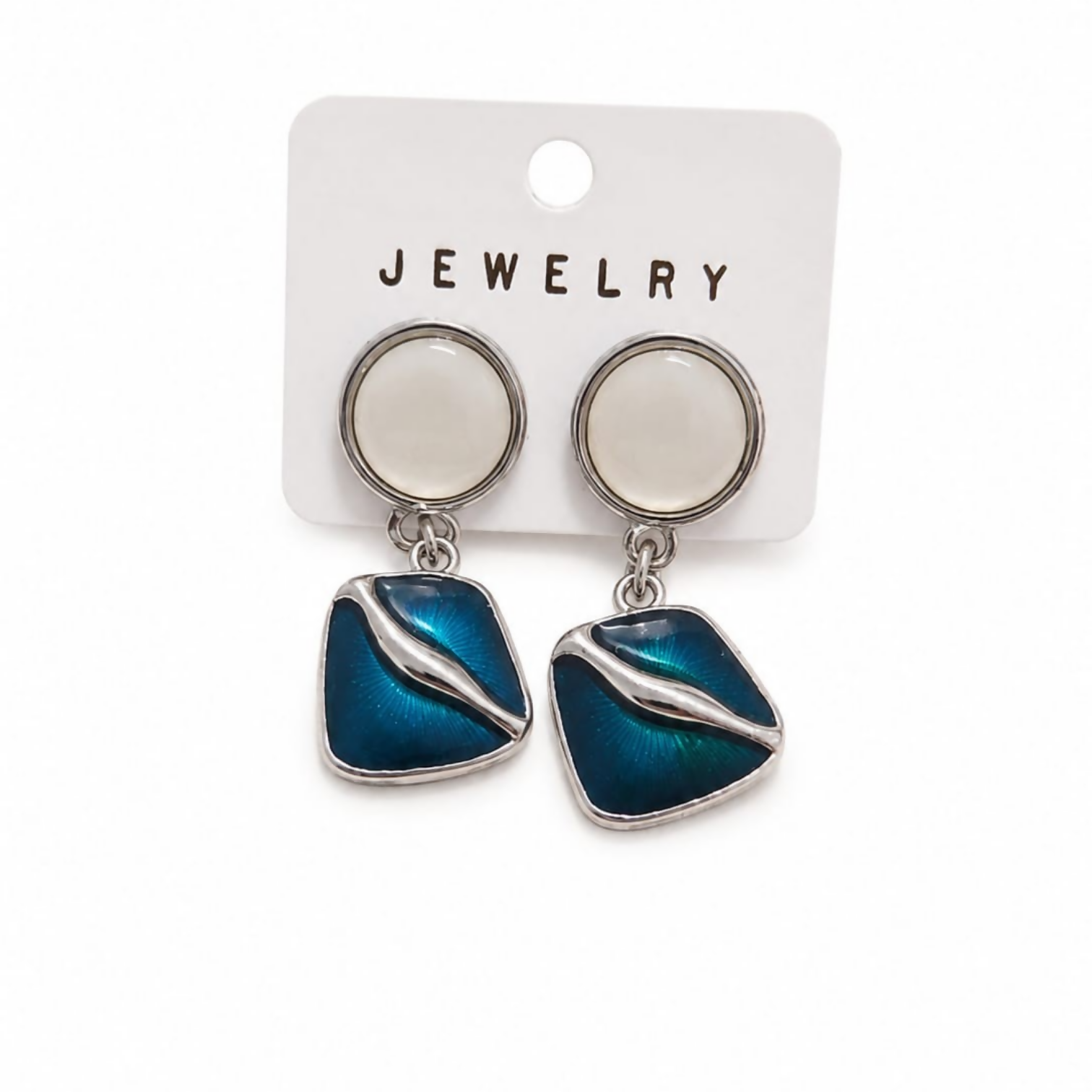 Teal Blue & White Geometric Dangle Earrings – Modern Elegance - Detailed Feature View 4