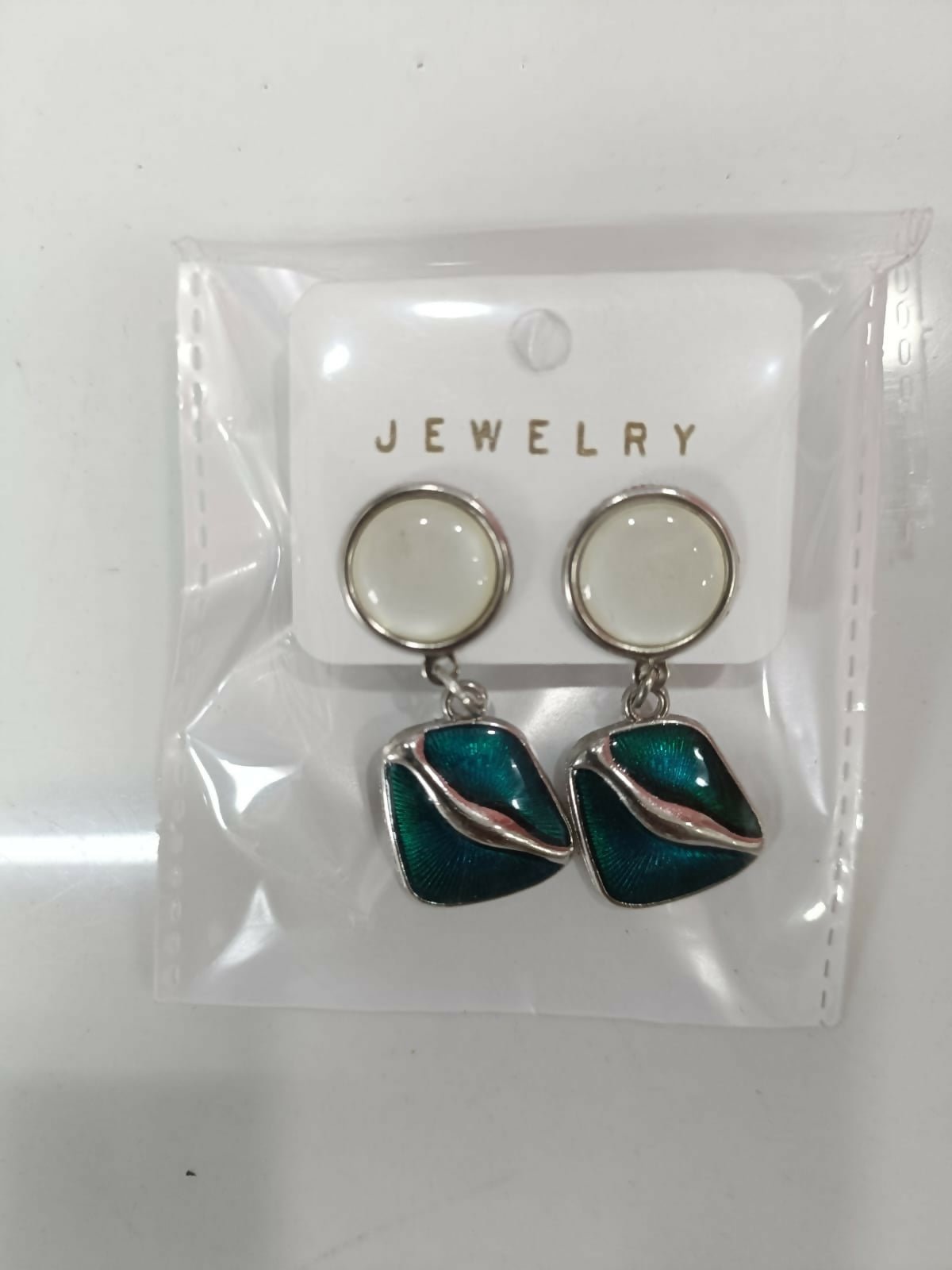 Teal Blue & White Geometric Dangle Earrings – Modern Elegance - Detailed Feature View 5
