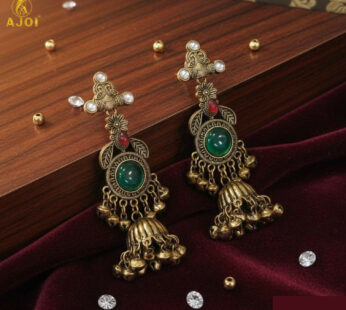 Traditional Jhumka Earrings – Antique Gold Plated with Green Stone