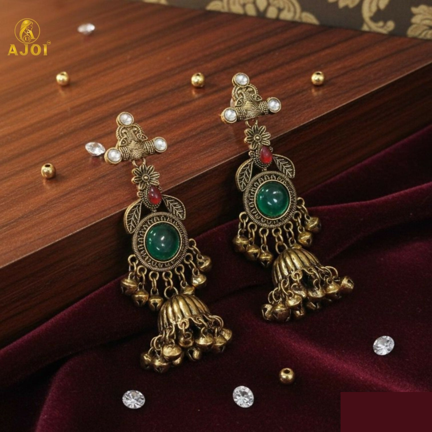 Premium Traditional Jhumka Earrings – Antique Gold Plated with Green Stone - Buy Online at Alikart