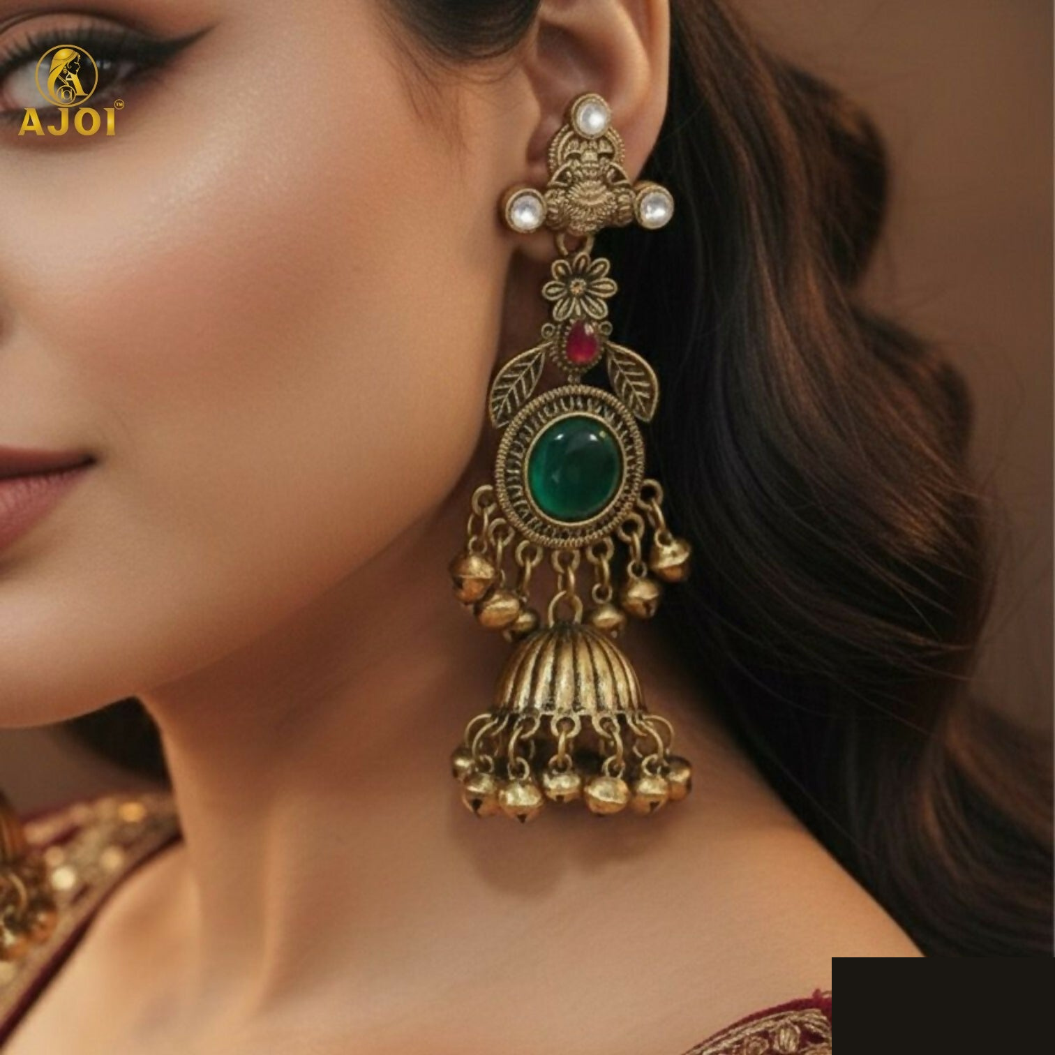 Traditional Jhumka Earrings – Antique Gold Plated with Green Stone - Detailed Feature View 1