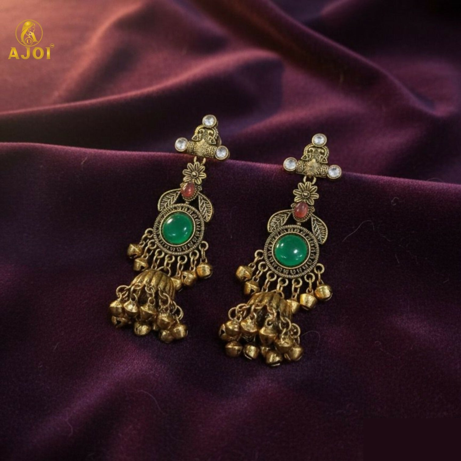 Traditional Jhumka Earrings – Antique Gold Plated with Green Stone - Detailed Feature View 2