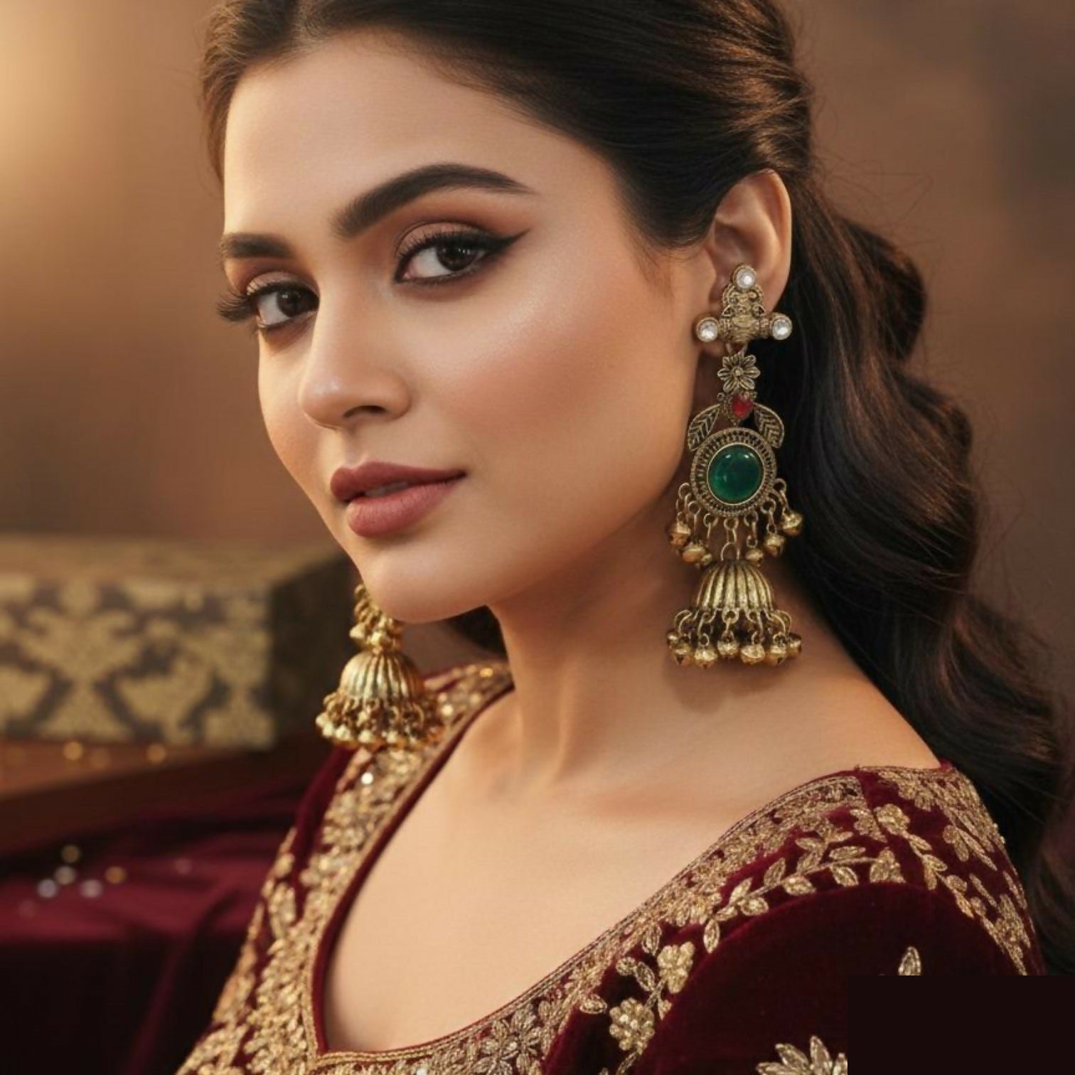 Traditional Jhumka Earrings – Antique Gold Plated with Green Stone - Detailed Feature View 4