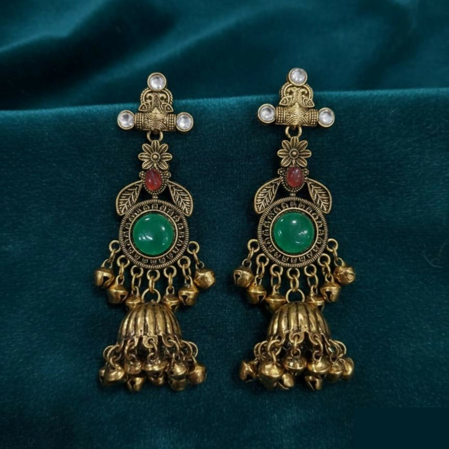 Traditional Jhumka Earrings – Antique Gold Plated with Green Stone - Detailed Feature View 5