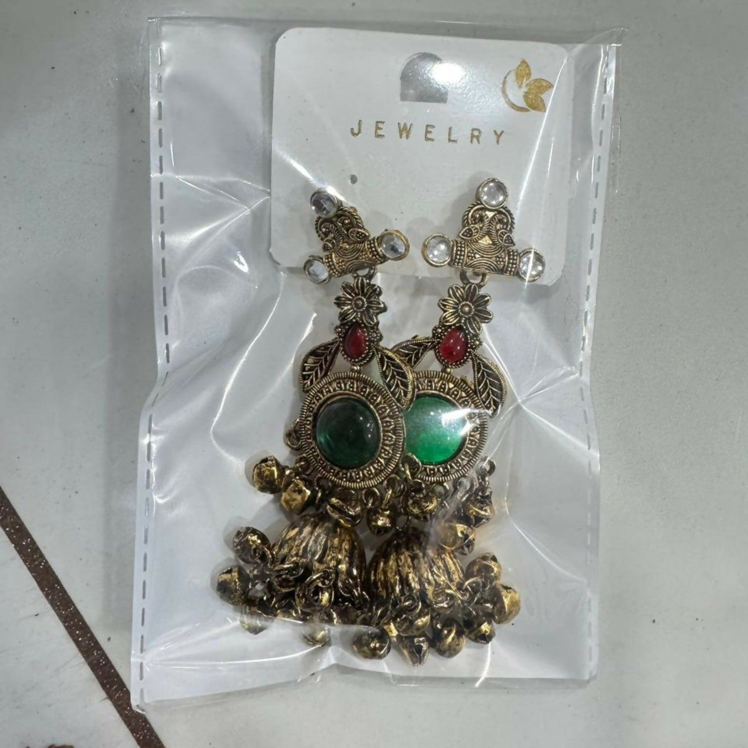 Traditional Jhumka Earrings – Antique Gold Plated with Green Stone - Detailed Feature View 6