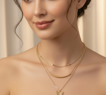 Triple-Layered Geometric Charm Necklace – Adjustable Gold-Tone Statement Jewelry