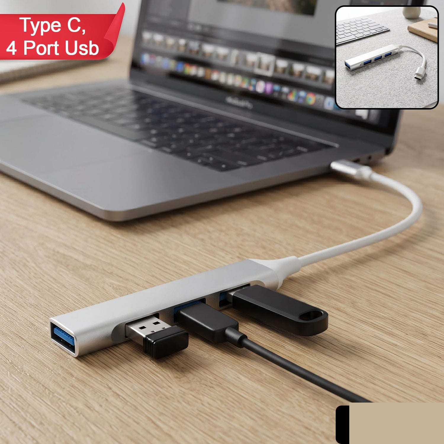 Type C to Four Port USB Hub Multi Interface Adapter for Laptop and Phone - Detailed Feature View 1