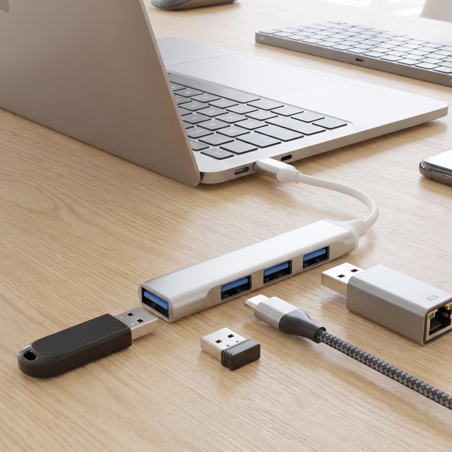 Type C to Four Port USB Hub Multi Interface Adapter for Laptop and Phone - Detailed Feature View 6