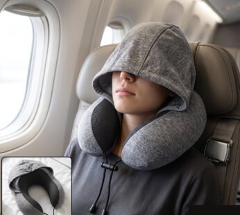 U Shaped Hooded Neck Pillow Grey Travel Pillow with Drawstring Hood