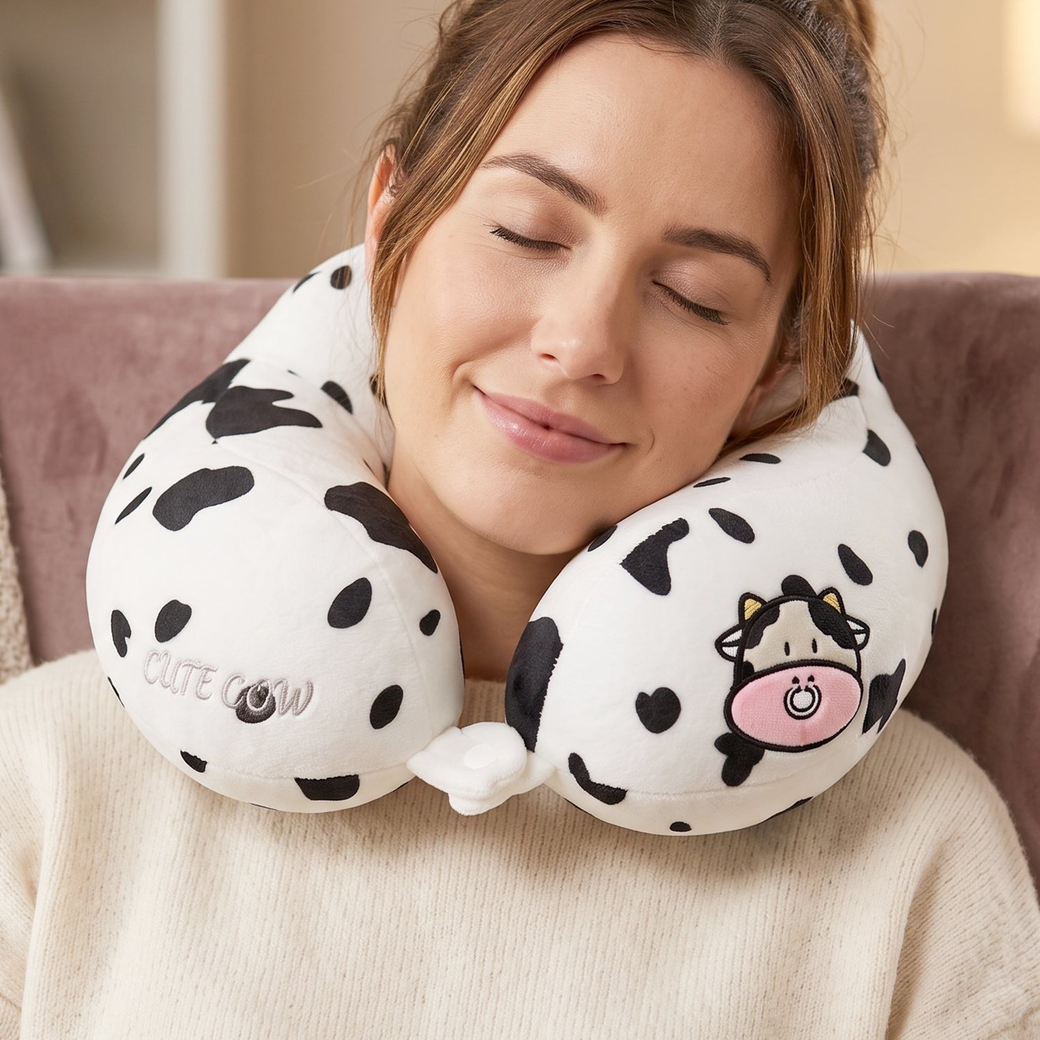 U-Shaped Travel Neck Pillow, Cute Cow Print Soft Plush Pillow for Travel - Detailed Feature View 5