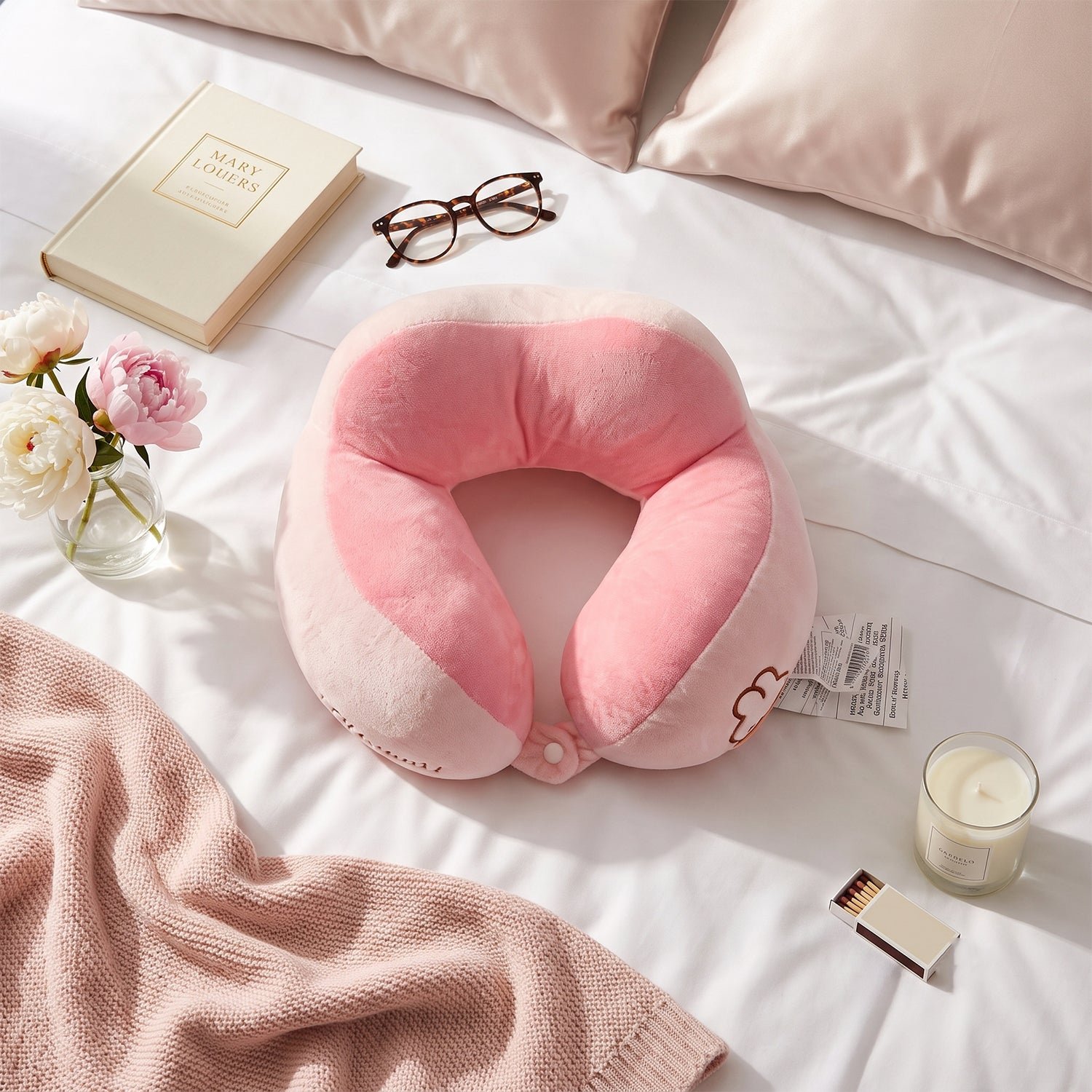 U Shaped Travel Neck Pillow Soft Plush Pink White Head Neck Support - Detailed Feature View 2