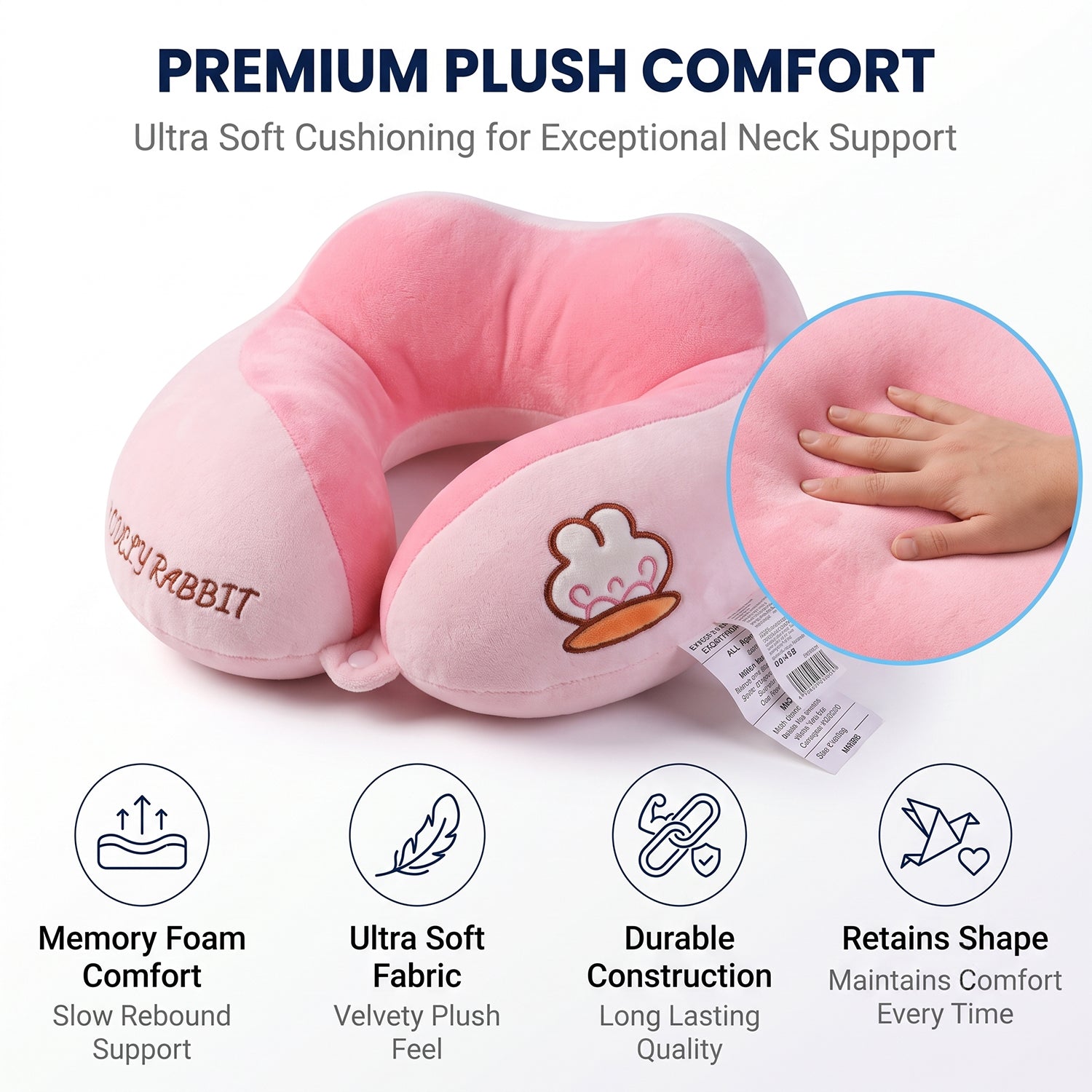 U Shaped Travel Neck Pillow Soft Plush Pink White Head Neck Support - Detailed Feature View 5