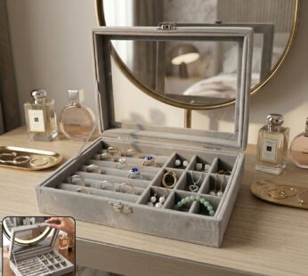 Velvet Jewellery Organizer Box – Transparent Lid & Multi-Compartment Storage