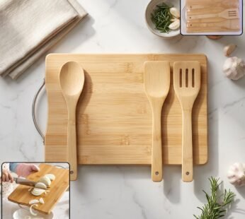 Wooden Cutting Board Combo Set with Bamboo Spoon Spatula and Turner (4 Pc Set)
