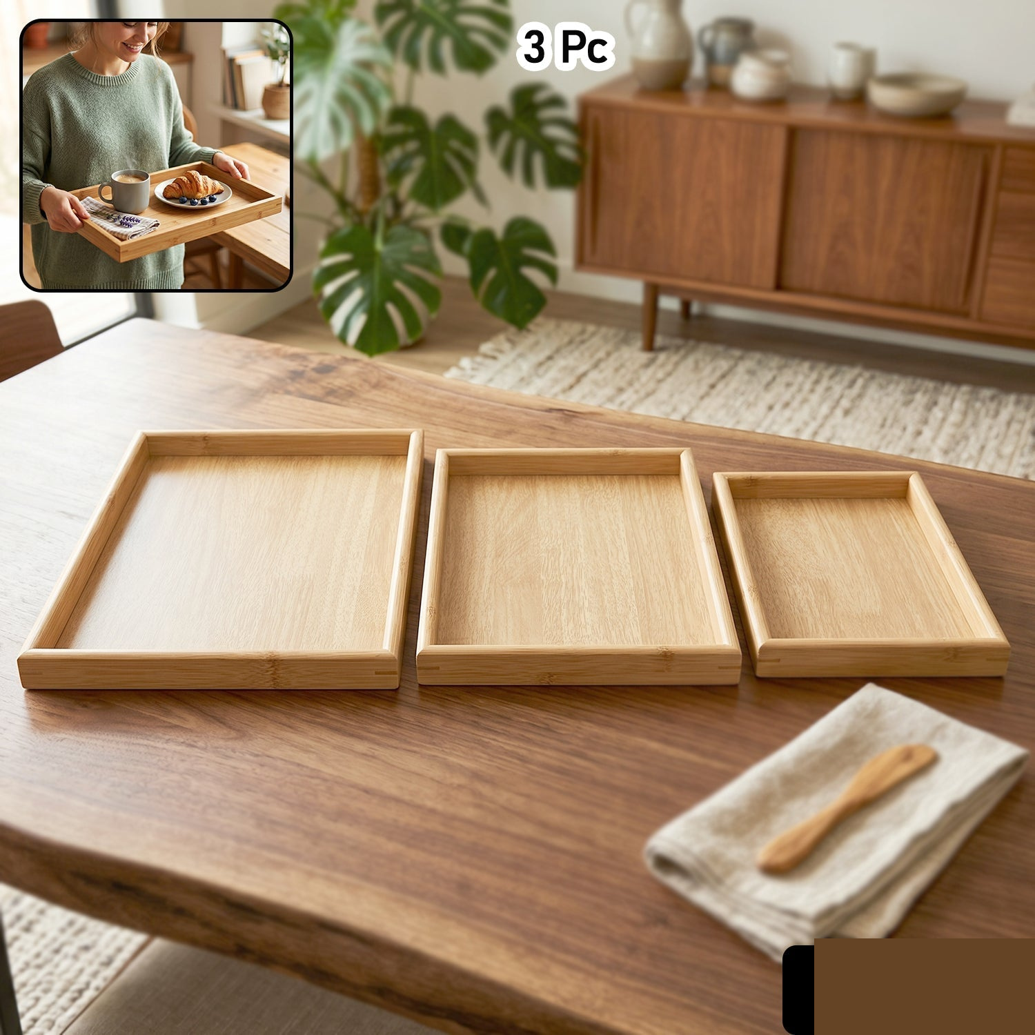 Wooden Finish Multipurpose Serving Tray Set – Stylish & Durable - Detailed Feature View 1